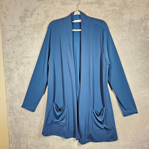 Susan Graver liquid knit Womens L blue Open Front Cardigan Pockets career flowy - Picture 1 of 12